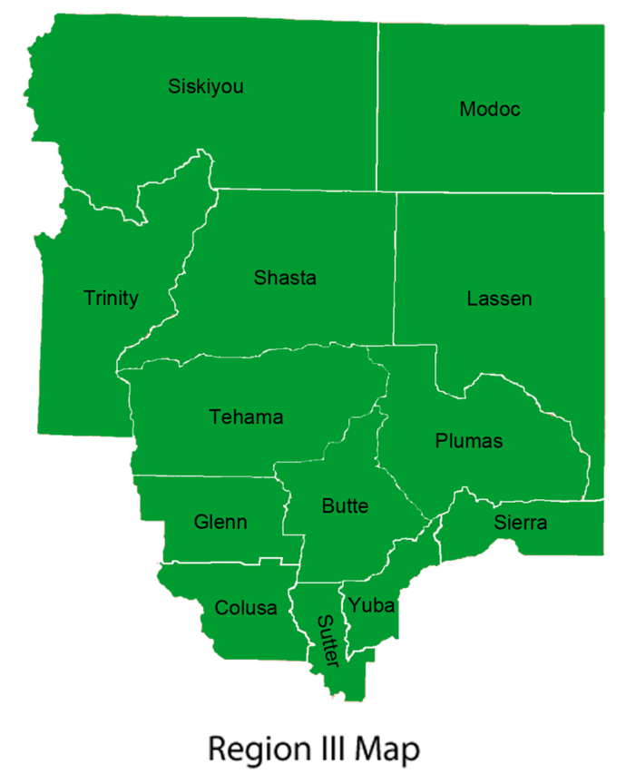 Map showing Region III in green, featuring counties like Siskiyou, Shasta, Lassen, and others. Counties are outlined and labeled for clarity.