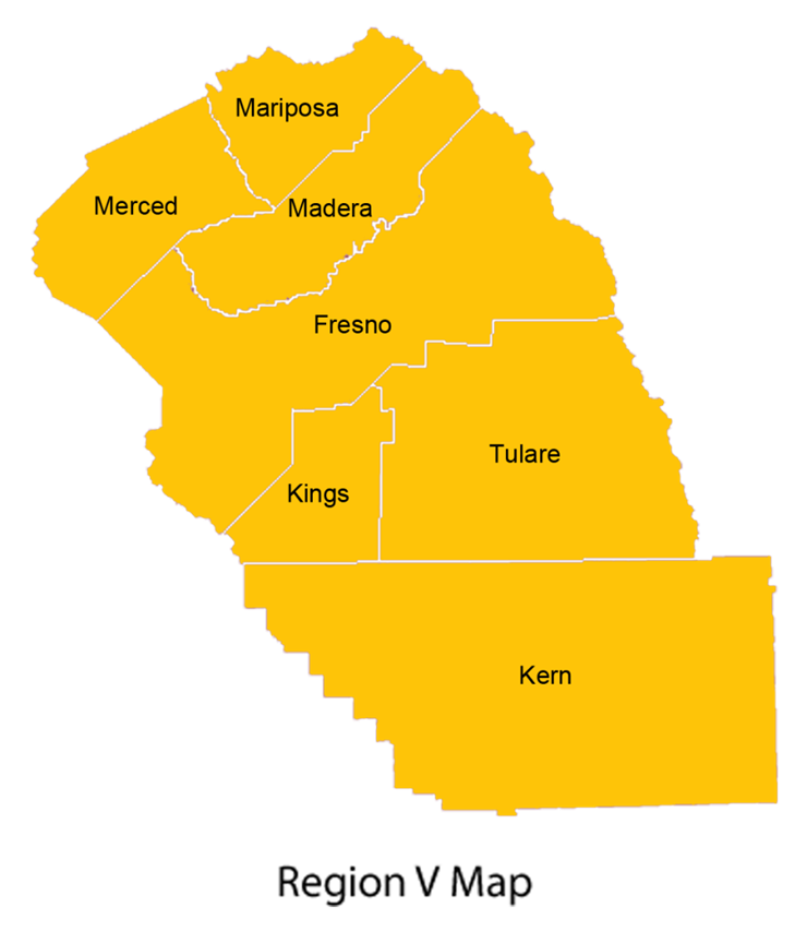 Map of Region V in yellow with grey grid background, showing counties: Mariposa, Merced, Madera, Fresno, Kings, Tulare, and Kern.